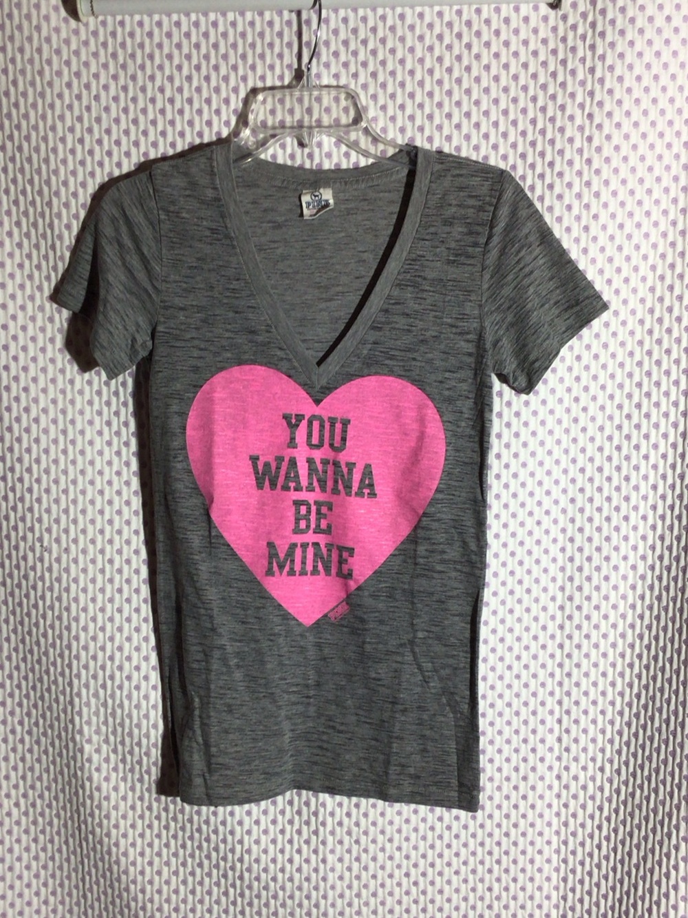 VSPink Gray V-Neck Tee with Pink Heart "You Wanna Be Mine"